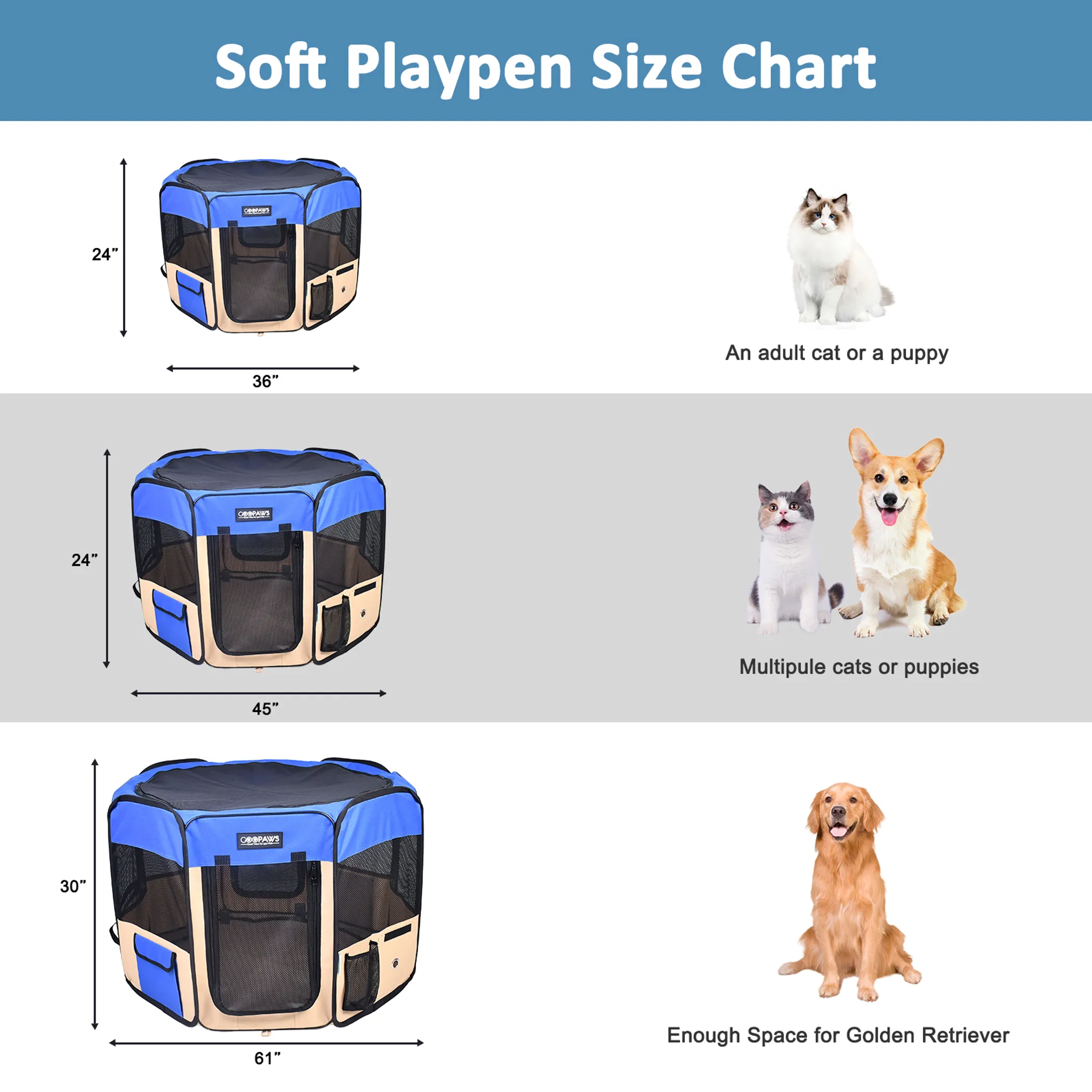 JESPET Pet Dog Playpens 36", 45" & 61" Portable Soft Dog Exercise Pen Kennel with Carry Bag for Puppy Cats Kittens Rabbits, Indoor/Outdoor Use - Image 5
