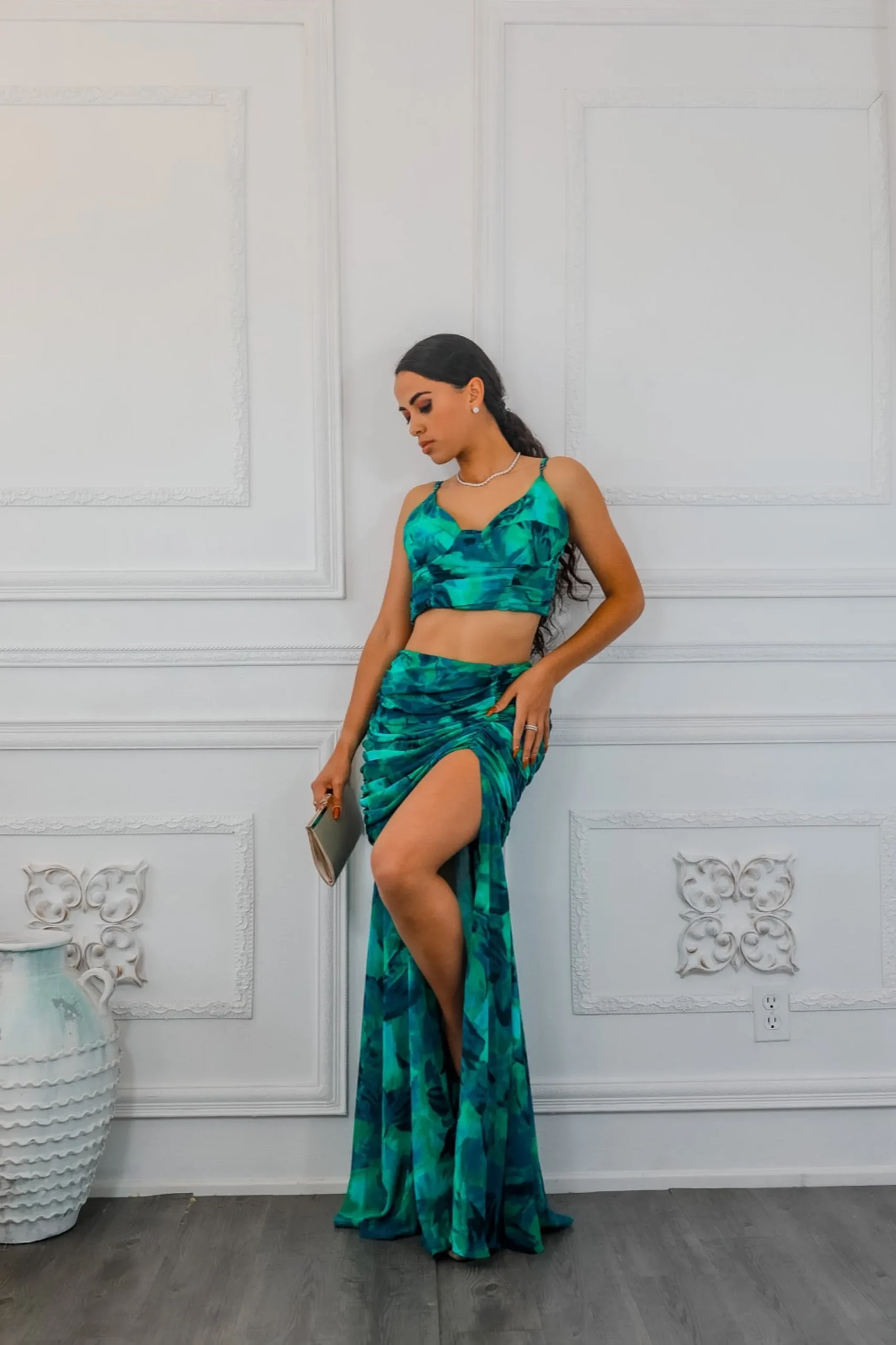 Dipped in Green Ruching Maxi Skirt Set with Plunging Slit - Image 3