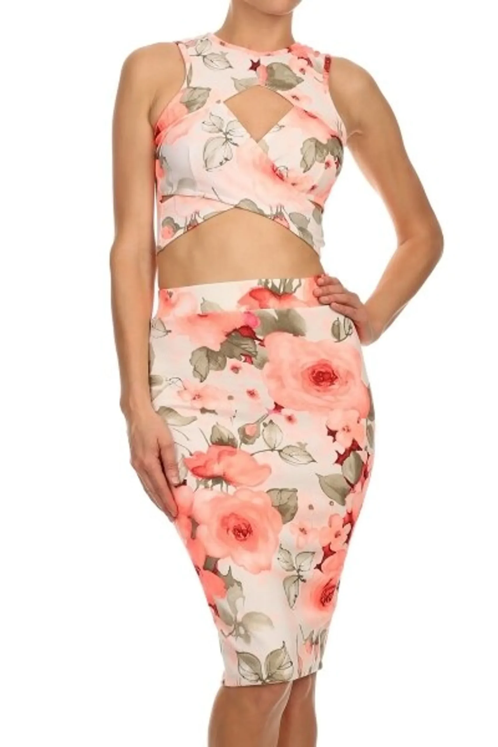 Floral Cross Crop Top and Midi Skirt Set - Image 2