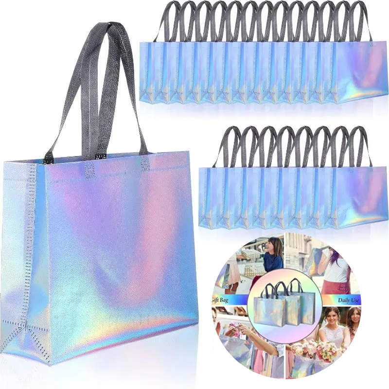 10/20PCS Silver Reusable Gift Tote Bag for Bridesmaids Wedding Birthday Party Grocery Shopping Eco Friendly Favor Party Supplies