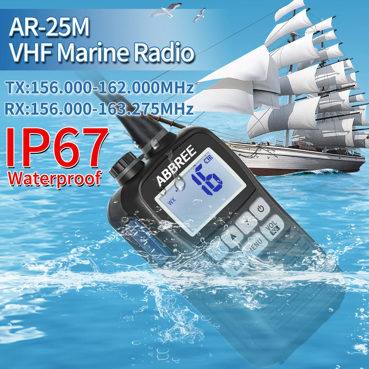 ABBREE AR-25M Marine Radio Transceiver Walkie Talkie IP67 Waterproof VHF Handheld Float Vessel Talk NOAA Two Way Radio for Boat - Image 2
