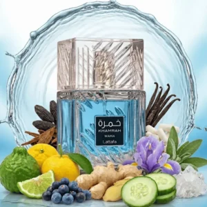 Latafa Khamrah Waha Eau de Parfum 3.4oz 100ml Unisex Arabian Perfume Wave Embossed Square Glass Bottle Cool Cucumber Lime Ginger Blue Liquid Fresh Aquatic Spicy Vanilla Woody Fragrance Long Lasting Summer Travel Ramadan Gift For Him Her