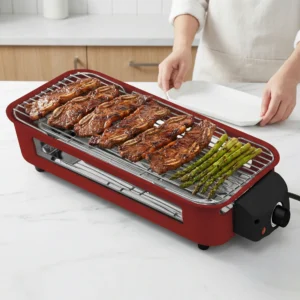 Electric Grill, Smokeless Electric Grill, Non-stick Coating, Removable Griddle/Grill Rack/Tray, Suitable for family and Hall of Residence Parties and Barbecues
