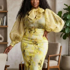 Women Plus Size Long Sleeve Printed Top And Bodycon Midi Skirt Outfit For Brunch Date Wedding Guest Daily Elegant Occasion