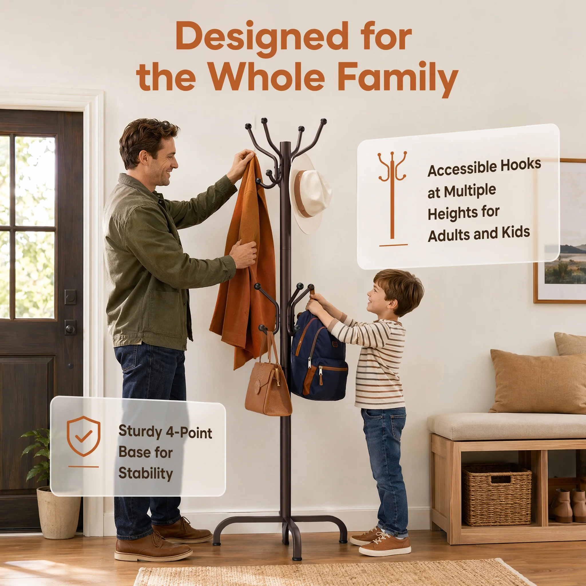 1/2Pcs Coat Rack with 14 Hooks, Freestanding Coat Rack Stand for Entryway, Hallway, Bedroom, and Office, Metal Coat Tree & Hat Rack for Coats, Hats, and Bags - Image 5