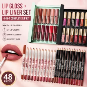 Lip Makeup Gift Set Women's 24-Color Glossy Lip Gloss & 24-Piece Lip Liner Cosmetic Set, Nude Pink Brown Red Makeup Gift Set Flawless Summeressentials
