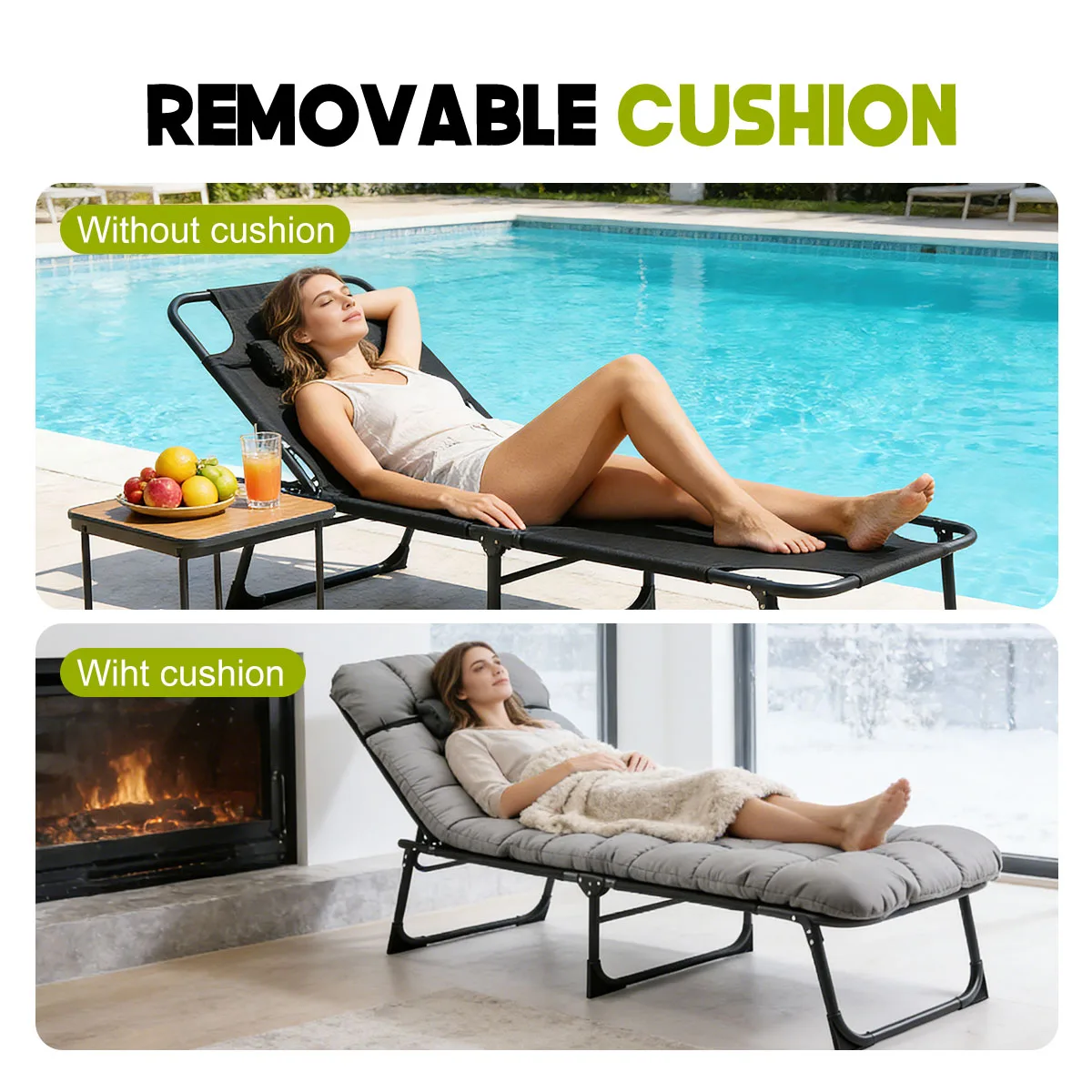 56cm Adjustable Folding Camping Lounge Chair with Removable Soft Cushion, 3 Position Reclining Portable Beach Tanning Chair, Heavy Duty 330 LBS Fold Up Outdoor Chaise Lounge for Pool Patio Office Napping Indoor & Backyard - Image 6