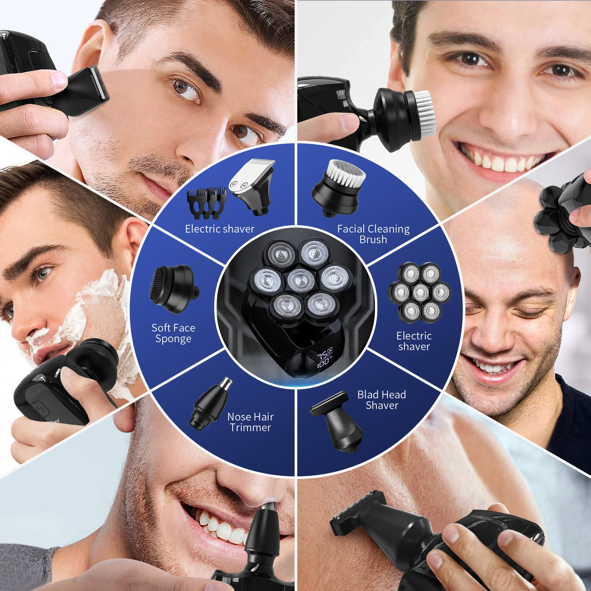SEJOY Multifunctional 7D Head Shavers for Bald Men 6-in-1 Electric Razor with Nose Hair Trimmer Waterproof Mens Grooming Kit - Image 6