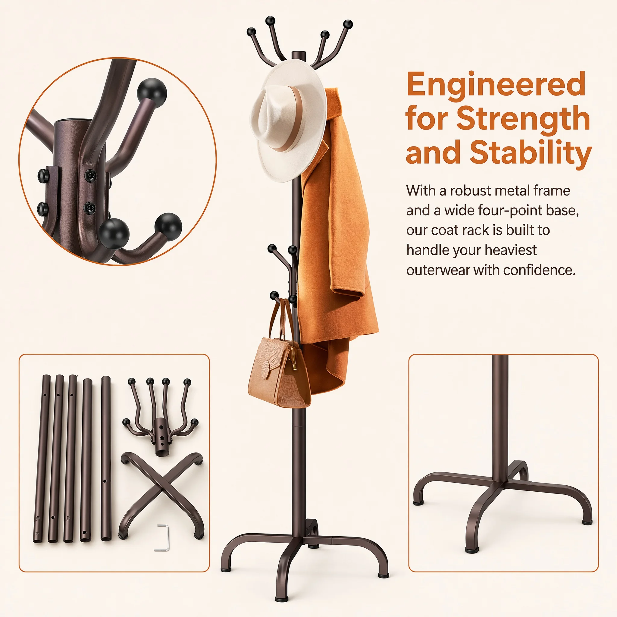 1/2Pcs Coat Rack with 14 Hooks, Freestanding Coat Rack Stand for Entryway, Hallway, Bedroom, and Office, Metal Coat Tree & Hat Rack for Coats, Hats, and Bags - Image 4