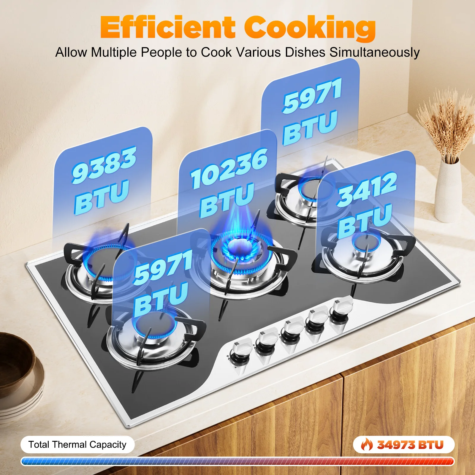 5 Burner Built-in Gas Cooktop Glass Top 3KW Dual Ring High Power Energy Saving 63% Efficiency LPG Natural Gas Stove - Image 4
