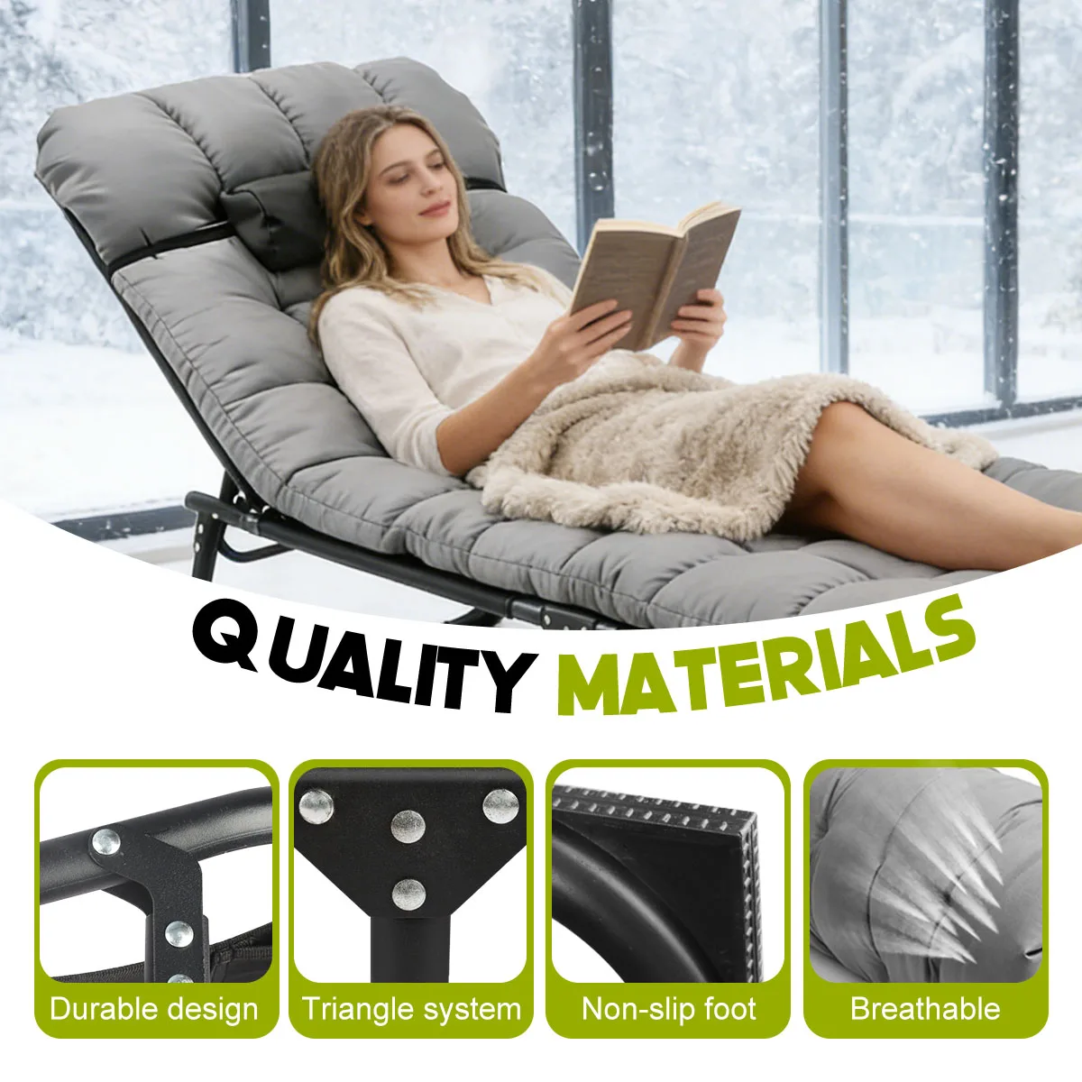56cm Adjustable Folding Camping Lounge Chair with Removable Soft Cushion, 3 Position Reclining Portable Beach Tanning Chair, Heavy Duty 330 LBS Fold Up Outdoor Chaise Lounge for Pool Patio Office Napping Indoor & Backyard - Image 8