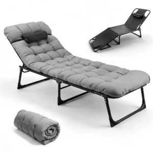 56cm Adjustable Folding Camping Lounge Chair with Removable Soft Cushion, 3 Position Reclining Portable Beach Tanning Chair, Heavy Duty 330 LBS Fold Up Outdoor Chaise Lounge for Pool Patio Office Napping Indoor & Backyard
