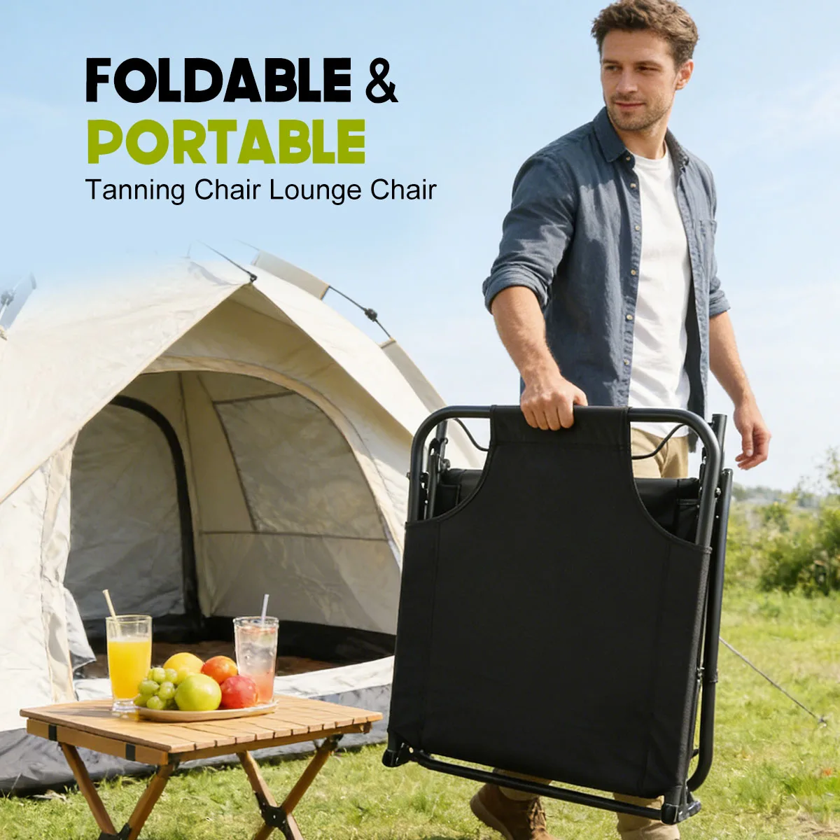 56cm Adjustable Folding Camping Lounge Chair with Removable Soft Cushion, 3 Position Reclining Portable Beach Tanning Chair, Heavy Duty 330 LBS Fold Up Outdoor Chaise Lounge for Pool Patio Office Napping Indoor & Backyard - Image 3